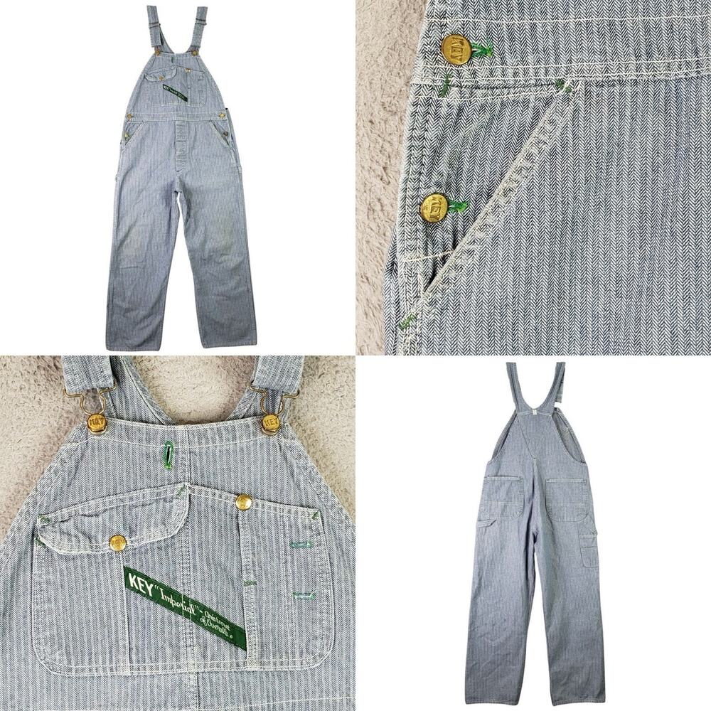 VTG Key Imperial Overalls Mens 38X30 Blue Conductor Bib Hickory Stripe Railroad